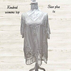 Kindred womens size 1X top blouse white  short sleeve embroidered lace